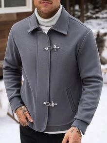 Manfinity Homme 男士純色羊毛混紡長袖拉鍊夾克，高階飛機扣裝飾，適合正式或休閒場合，休閒度假、用餐聚會、簡約辦公、休閒居家穿著，百搭風格，適合自用或送給朋友的禮物，熱銷舒適羊毛混紡夾克 - 灰色 - 查看 7