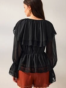 Willow Rêve Kemeja Longgar Hitam Wanita, Patchwork Renda Bunga Transparan, Kerah Berkerut, Ikatan Depan & Desain Lengan Lentera, Gaya Romantis Barat Musim Panas, Cocok Untuk Pesta - Hitam - View 2