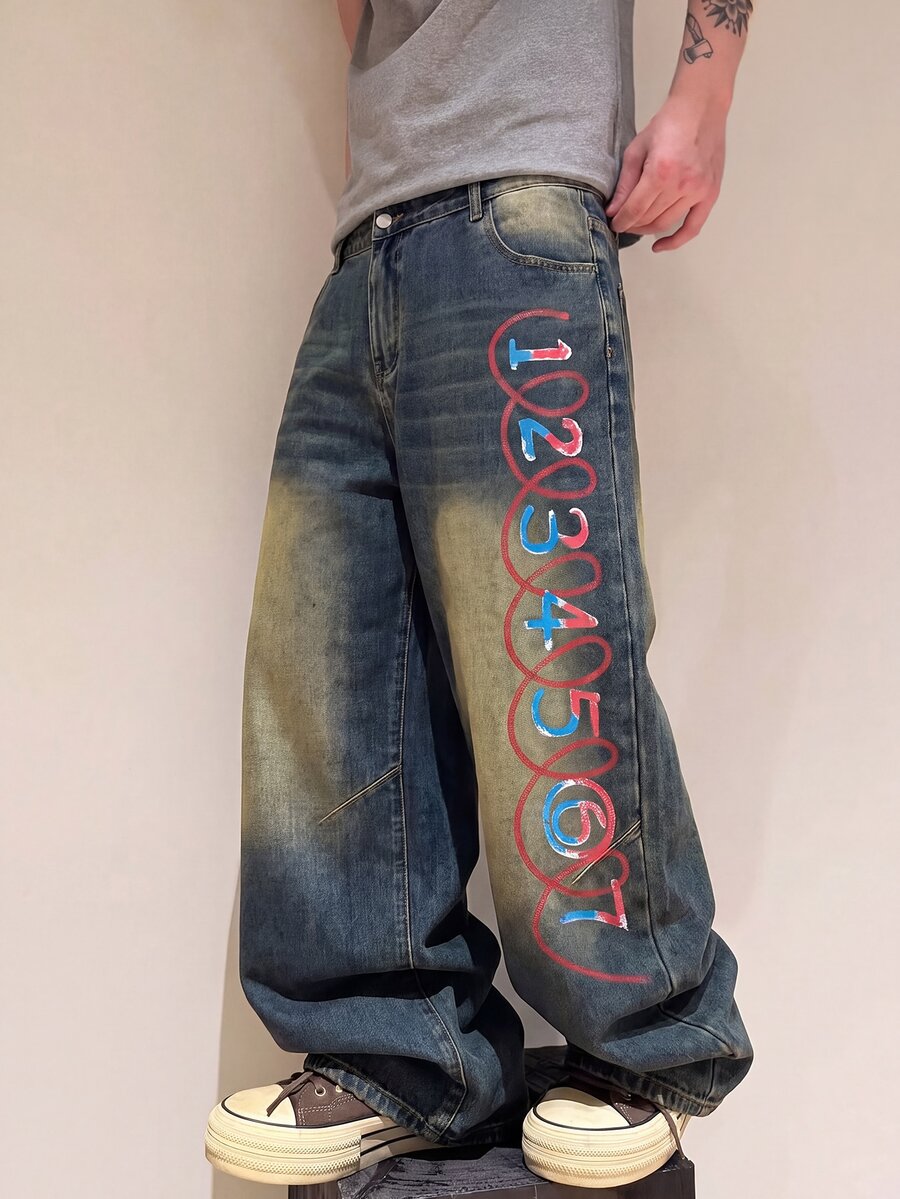 STEELVANCE 男士大尺碼數位圖案口袋寬腿休閒牛仔褲 - 淺色水洗藍 - 查看 1