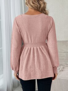 SHEIN Sweater Hamil Warna Polos Leher Bulat Lengan Panjang dengan Hiasan Ruffle di Bagian Bawah - Berwarna merah muda - View 2