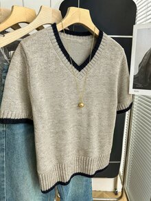 Franclia 新款春夏韓系簡約休閒寬鬆條紋拼色針織上衣女款 - 卡其色 - 查看 7