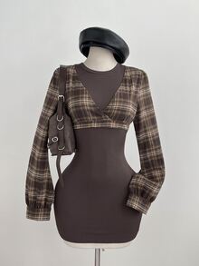 Elamini Fashionable Retro Brown Plaid Patchwork Ribbed 2 In 1 Short Bodycon Slimming Long Sleeve Dress, Simple Versatile Sexy Style For Women, Early Autumn - Multicolor - View 4