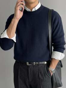 DAZY Spring/Autumn Navy Blue Long Sleeve Crew Neck Loose Fit Men's Sweater - Navy Blue - View 5