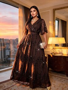 Auveirra Plus Size Elegant Sequin Party Dress - Brown - View 6