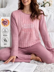 SHEIN طقم بيجامة كاجوال بلون وردي سادة مع تطريز "Eat Sleep Repeat" ولوحة مخملية ونسيج مضلع - وردي - مشاهدة 7