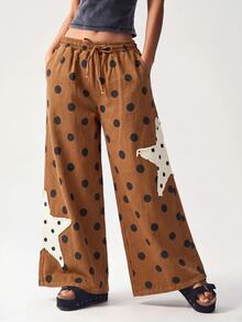 Bohemela 大尺碼女款寬鬆寬腿波點與星星拼接丹寧牛仔褲，抽繩腰頭，聖誕穿搭女裝 - 彩色 - 查看 7