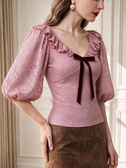 Suri Mira Women's Bowknot Decor Short Petal Sleeve Fashion Top