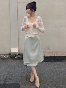 DAZY 女款純色鏤空前開襟上衣與細肩帶背心休閒兩件套 - 杏色 - 查看 7