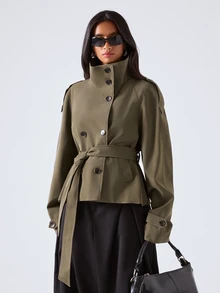 LYSMO Jaket Wanita Gaya Jalanan Berkerah Tinggi dengan Kancing Lengan Panjang - Dark Green - View 5
