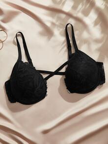 Charlaine 1pc Plus Size Women's Floral Lace Push-Up Bra, Lift And Side-Boob Support, Comfortable Everyday/Casual/Vacation/Commute Base Layer - Black - View 4