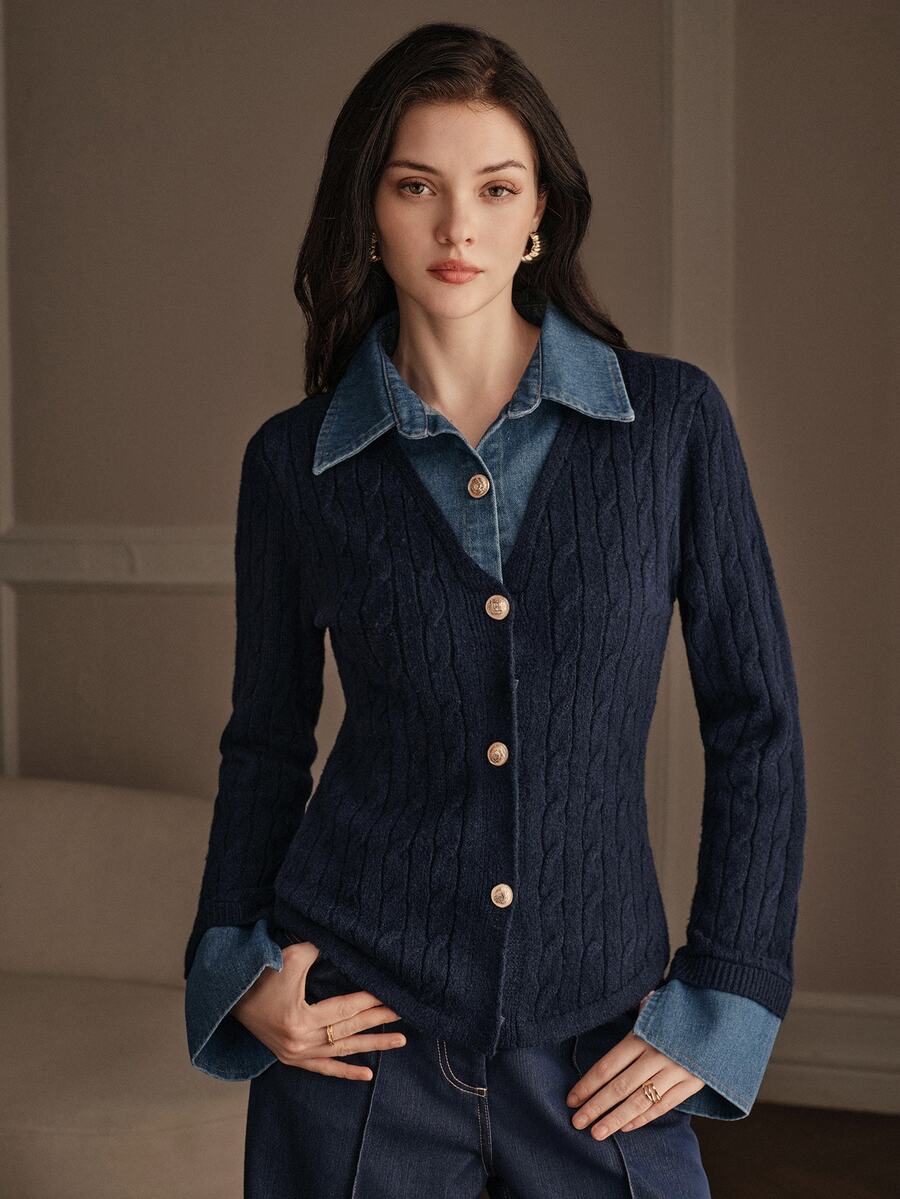 Anewsta Women's Navy Blue Knit POLO Collar Turn-Down Collar 2 In 1 Cardigan Sweater Casual Sweater Jacket, Autumn/Winter - Navy Blue - View 1