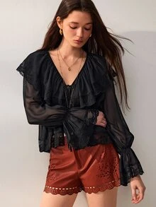 Willow Rêve Kemeja Longgar Hitam Wanita, Patchwork Renda Bunga Transparan, Kerah Berkerut, Ikatan Depan & Desain Lengan Lentera, Gaya Romantis Barat Musim Panas, Cocok Untuk Pesta - Hitam - View 6