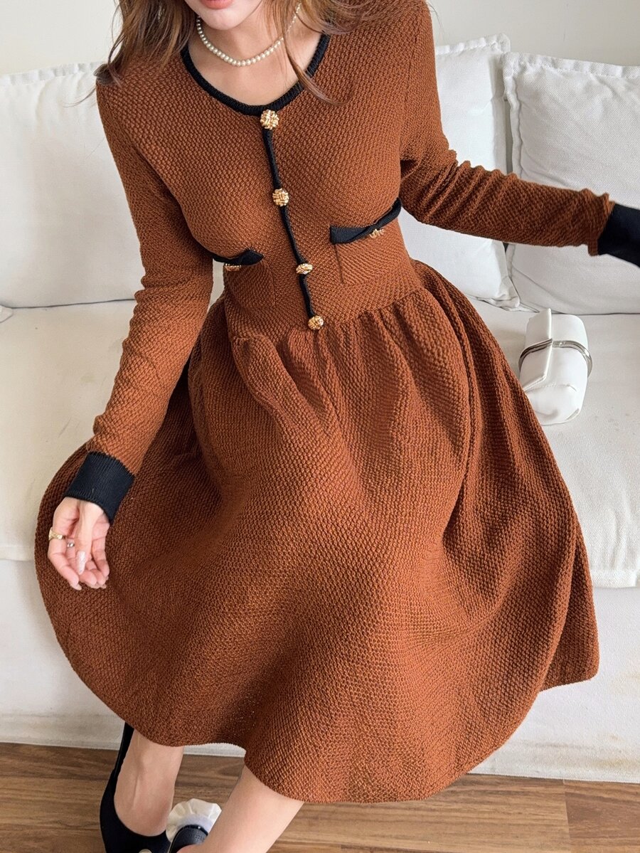 Feyla Women's Colorblock Round Neck Long Sleeve Button Design Elegant Knit Dress