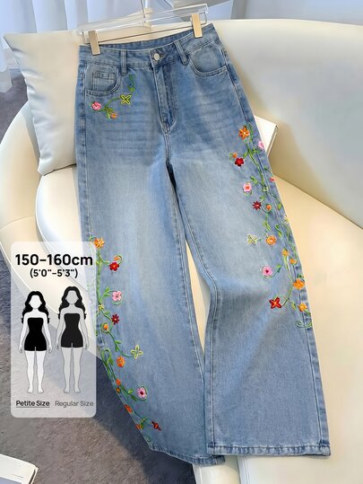 SHEIN PETITE Women's Floral Embroidered Pocket Wide Leg Loose Casual Denim Jeans