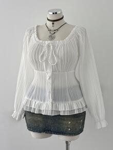 Sunspun Cute Square Neck Long Sleeve Fitted Petal Sleeve Cropped Blouse Plus Size Autumn - White - View 4
