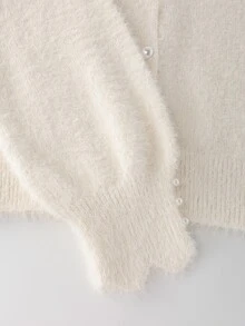 GlowEve CURVE Plus Size Faux Mink Knit Cardigan For Fall Winter, Rhinestone & Pearl Trim Round Neck, Pearl Buttons Puff Sleeve Elegant White Commuter Outerwear - Beige - View 8