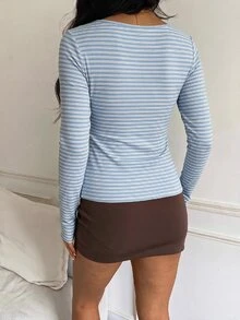 CovetEZ 95%棉全印花女款方領長袖T恤 - 藍色 - 查看 2