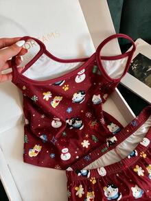 Franclia Plus Size Women Casual Vacation Style Cartoon Print Camisole And Shorts Set - Red - View 3