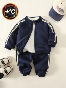 SHEIN 男女嬰兒適用，男嬰2件組秋冬加厚抓絨休閒可愛運動衫套裝，嬰兒冬季套裝，運動服，慢跑褲 - 藏蓝色 - 查看 3