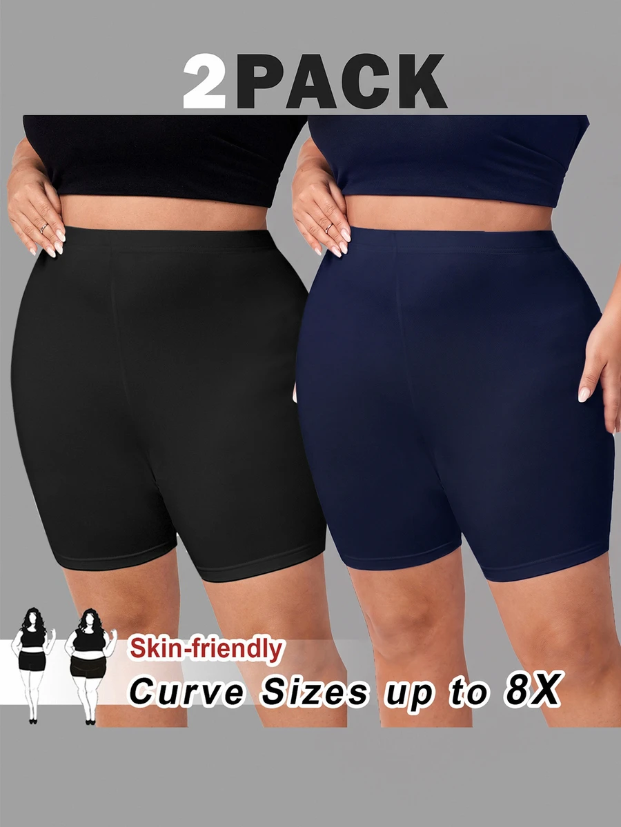 SHEIN CURVE+ 2件組大尺碼簡約百搭純色緊身內搭短褲 - 彩色 - 查看 1