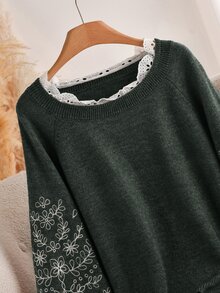 CosyJoli 大尺碼休閒花卉刺繡針織衫，秋冬款 - 墨綠色 - 查看 3
