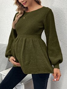 SHEIN 孕婦休閒純色燈籠袖針織衫，秋冬款 - 綠色 - 查看 3