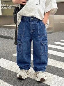 SHEIN 兒童小男孩休閒日常穿著工裝牛仔長褲，附口袋與鈕扣 - 深色水洗藍 - 查看 4