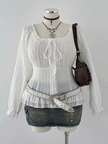Sunspun Cute Square Neck Long Sleeve Fitted Petal Sleeve Cropped Blouse Plus Size Autumn - White - View 3