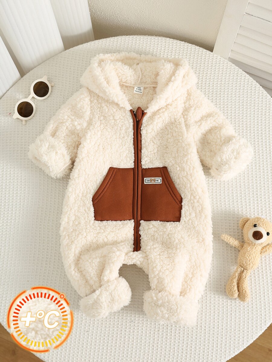 SHEIN Baby Boy Autumn/Winter Color Block Zipper Front Plush Hooded Romper - Apricot - View 1