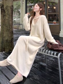 DAZY Autumn Winter V-Neck Long Sleeve Loose Fit Cream White Sweet Slouchy Women's Sweater Dress - White - View 6