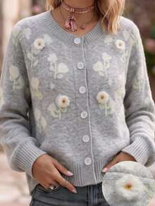 Linavere Women's Romantic Handmade Floral Applique Long Sleeve Single-Breasted Knit Cardigan - Light Grey - View 1