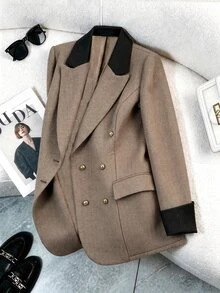 GlowEve CURVE Plus Size Women's Best-Selling Elegant Contrast Color Lapel Herringbone Blazer, Slimming Minimalist Fit With Metal Button Design, Suitable For Daily Versatile Commuting, Dating, Gathering, Slimming Single Wear Or Layering Outerwear - Multicolor - View 1