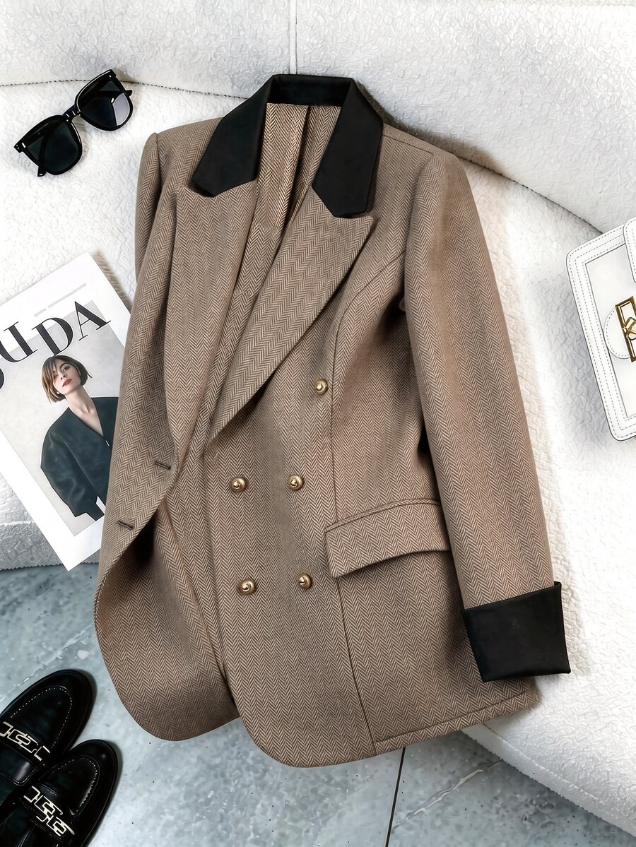 GlowEve CURVE Plus Size Women's Best-Selling Elegant Contrast Color Lapel Herringbone Blazer, Slimming Minimalist Fit With Metal Button Design, Suitable For Daily Versatile Commuting, Dating, Gathering, Slimming Single Wear Or Layering Outerwear - Multicolor - View 1