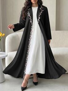 Al Najma Plus Size Women's Floral Embroidered Trim Lapel Neck Long Sleeve Abaya - Black - View 9