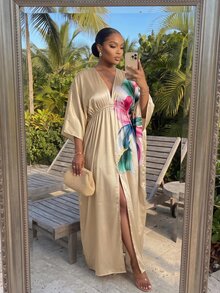 SHEIN Lady CURVE 大尺碼優雅花卉印花洋裝 - 卡其色 - 查看 4