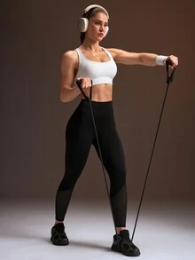 Powerista 女款純色高腰日常健身運動緊身褲 無縫收腹 網布拼接 壓力緊身褲 側邊手機口袋 瑜伽 - 黑色 - 查看 7