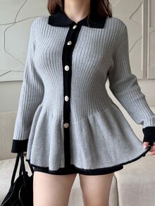 Vibekara Plus Size Women's Autumn/Winter New Colorblock Long Sleeve Single-Breasted Knit Cardigan - Grey - View 1