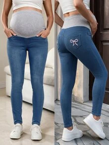 SHEIN Maternity Bow Embroidery High Elasticity Minimalist Denim Skinny Jeans - Light Wash - View 1