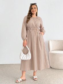 SHEIN Essnce 女款大尺碼杏色條紋中長洋裝,休閒寬鬆舒適,長袖收腰設計,適合秋冬、感恩節、新年 - 杏色 - 查看 5