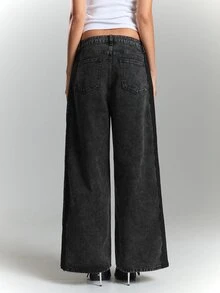 BAD SUNDAY Women's Wide Leg Loose Casual Versatile Denim Jeans With Pockets - Black - View 2