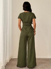 SHEIN PETITE 女款橄欖綠圓領不對稱下擺襯衫與寬腿褲套裝 教師節 辦公室工作 商務 夏季休閒 商務專業 - 軍綠色 - 查看 2