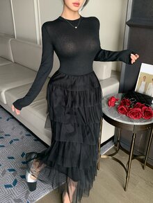 DAZY Autumn/Winter Round Neck Black Fitted Top With Mesh Patchwork Layered Ruffle Hem Elegant Romantic Party Date Women's Mid-Length Dress - Black - View 7
