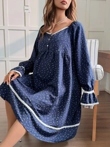 DAZY Ditsy Floral Loose Long Sleeve Square Neck Lace Trim Casual Vacation Home Daily Spring Autumn Maternity Dress - Blue - View 6