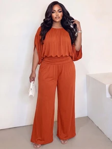 Poshavie Poshavie Plus Size Draped Batwing Sleeve Two Pieces Set, Boat Neck Ruched Top & High Waist Wide Leg Pants Eleg - Rust Brown - View 7