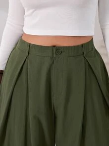 Solflare Plus Size Women's Solid Color Pleated Casual Versatile Daily Travel Long Pants - Army Green - View 3