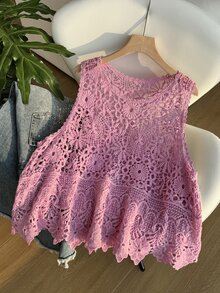 SHEIN EZwear 大尺碼女款春夏刺繡鏤空針織背心 - 藕粉色 - 查看 3