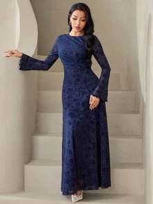 Veilorie Women's Round Neck Bell Sleeve Elegant Party Occasion Long Dress - Navy Blue - View 3
