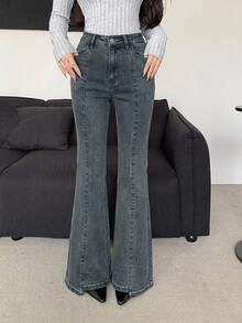 Dazy Designer 女款高腰口袋休閒百搭喇叭腿牛仔褲 秋季 - 藍色 - 查看 3