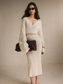 Poéselle Women's Ivory Ribbed Knit Two Pieces Set – Wrap V-Neck Bell-Sleeve Sweater And High-Waist Maxi Skirt Matching Outfit Women Fall Winter Sweater Set Chic - Apricot - View 7
