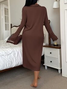 SweetSlumber Women's Brushed Ribbed Bow Knot Loungewear Dress - Brown - View 2